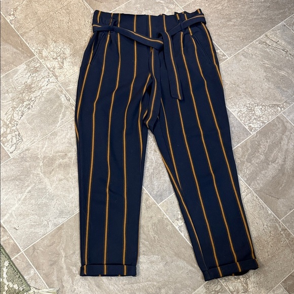 Zara Pants - Zara Dark Navy Orange Striped Paperbag Tie Waist Ankle Cropped Pants Sz M